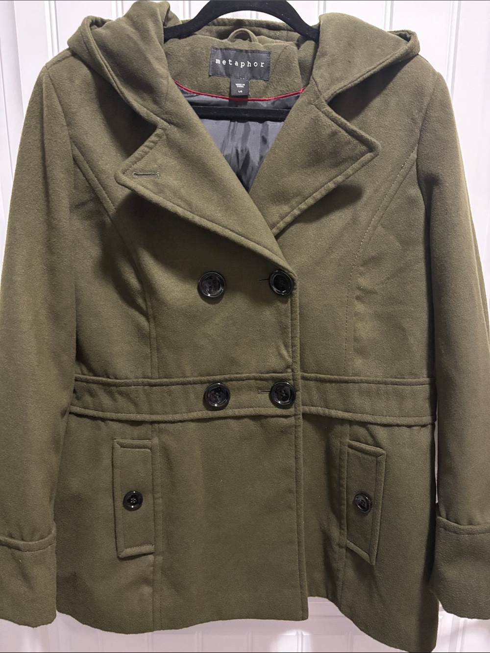 Metaphor Women’s L Olive Green Hooded Double Breasted Coat